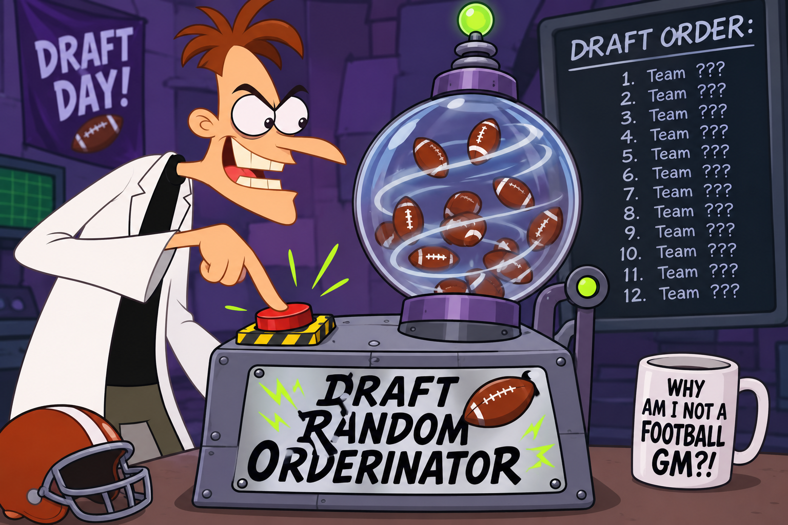 Dr. Doof holding the Draft Random Orderinator